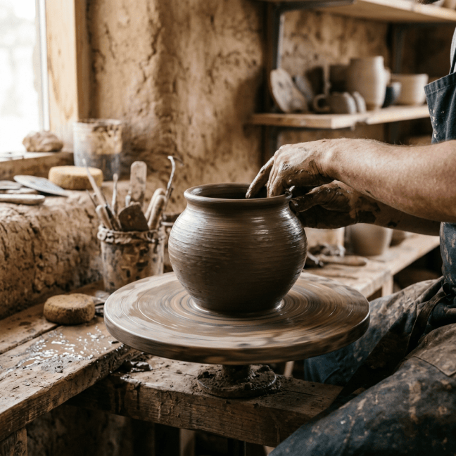 Potter shaping a clay vessel on a spinning wheel