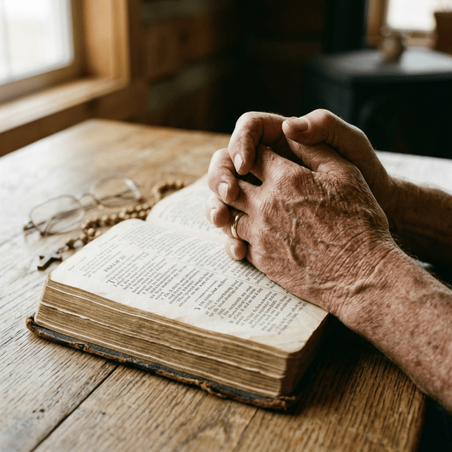 Folded hands resting over an open Bible beside eyeglasses and beads