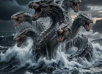 A horned sea dragon roaring above stormy ocean waves