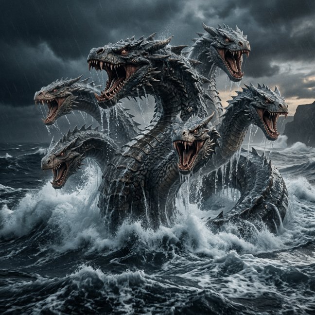 A horned sea dragon roaring above stormy ocean waves