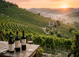 Wine bottles and a filled glass overlooking terraced vineyards at sunset