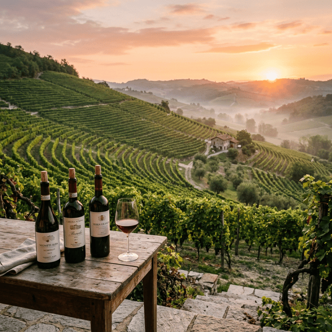 Wine bottles and a filled glass overlooking terraced vineyards at sunset