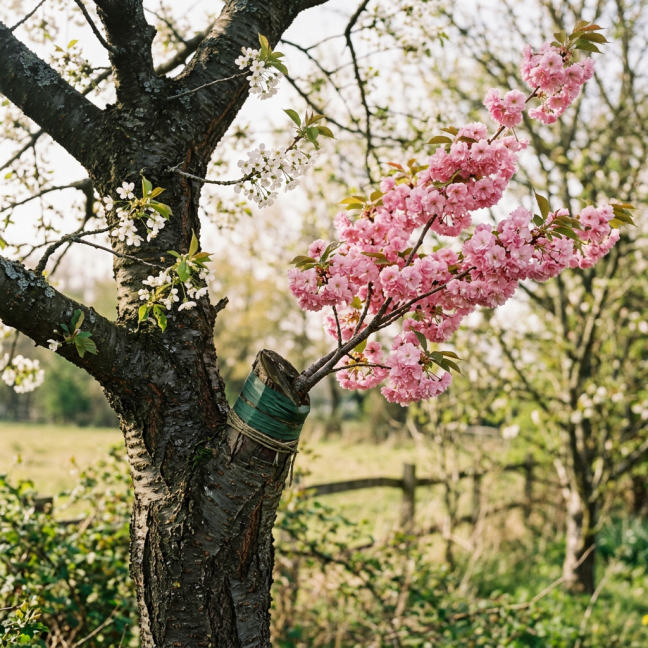 Pink and white blossoms growing on a grafted tree in an orchard