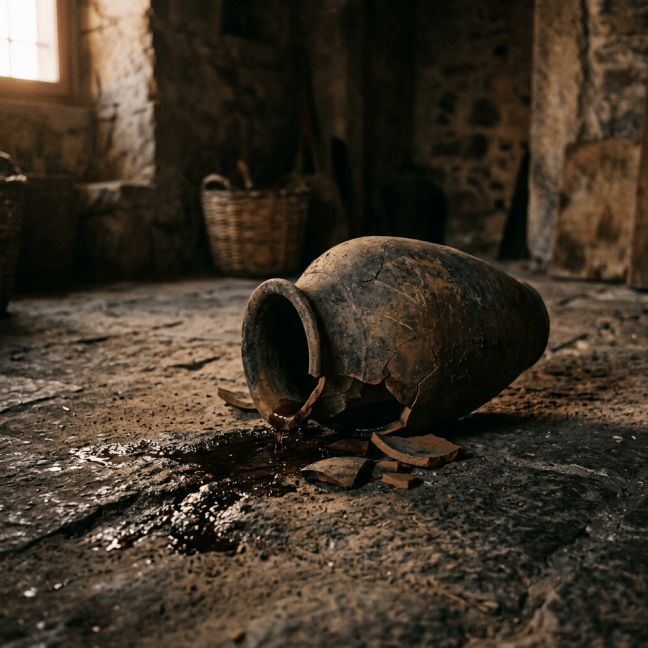 Shattered clay vessel leaking liquid across a rustic stone floor