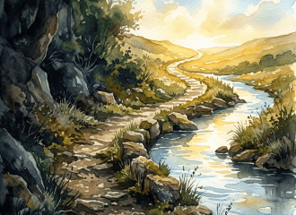 Watercolor landscape with a rocky trail beside a winding stream and distant hills