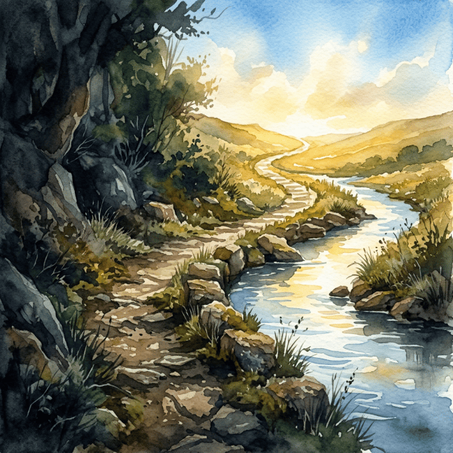 Watercolor landscape with a rocky trail beside a winding stream and distant hills