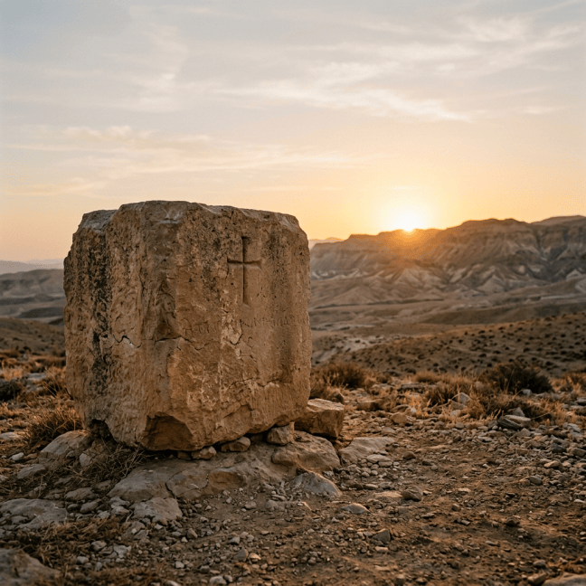 Ancient carved stone monument overlooking desert mountains at sunset