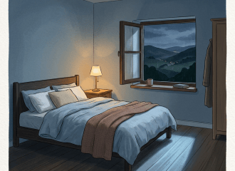 Cozy bedroom with open window overlooking a rainy mountain valley