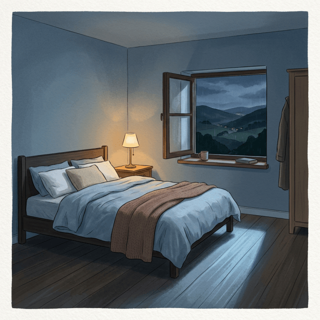 Cozy bedroom with open window overlooking a rainy mountain valley