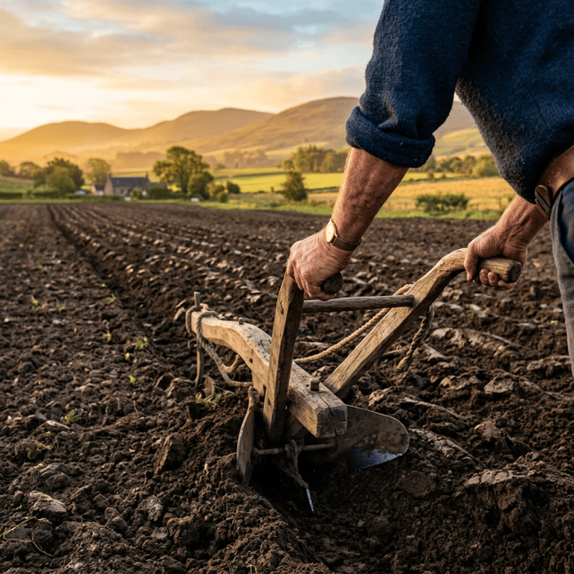 Farmer guiding a wooden plow through a freshly tilled field