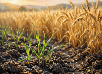Green wheat seedlings growing in soil before a golden wheat field at sunset