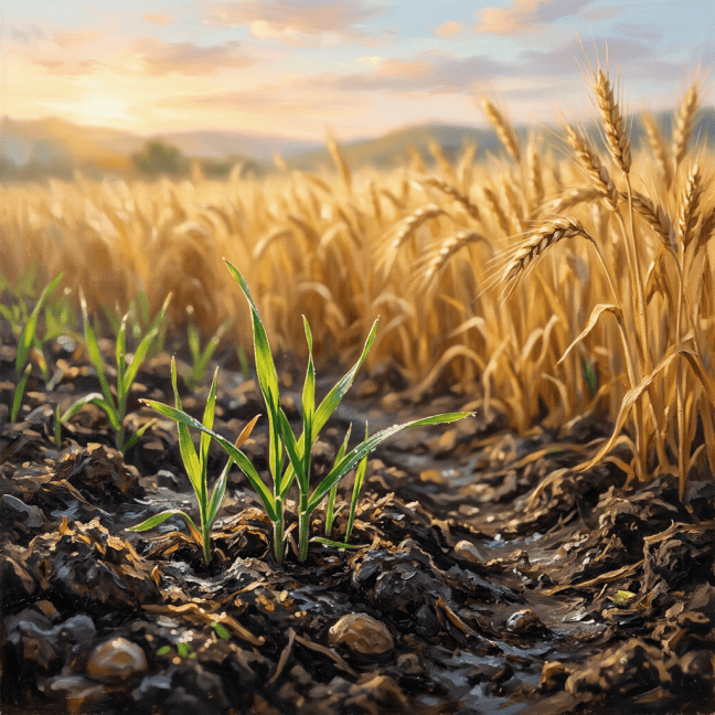 Green wheat seedlings growing in soil before a golden wheat field at sunset