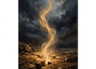 Golden wispy light rising from a cracked rocky landscape beneath dark clouds