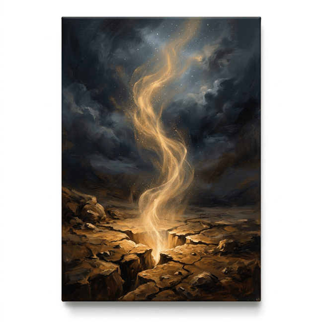 Golden wispy light rising from a cracked rocky landscape beneath dark clouds