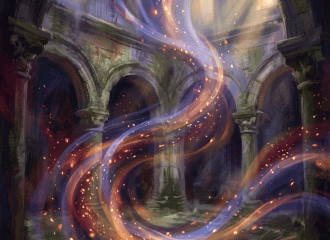 Glowing blue and orange energy ribbons swirling through ancient arched ruins
