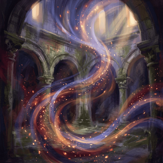 Glowing blue and orange energy ribbons swirling through ancient arched ruins
