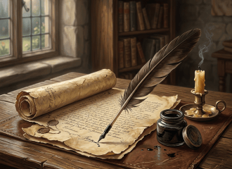 Quill resting on handwritten parchment beside ink and a candle