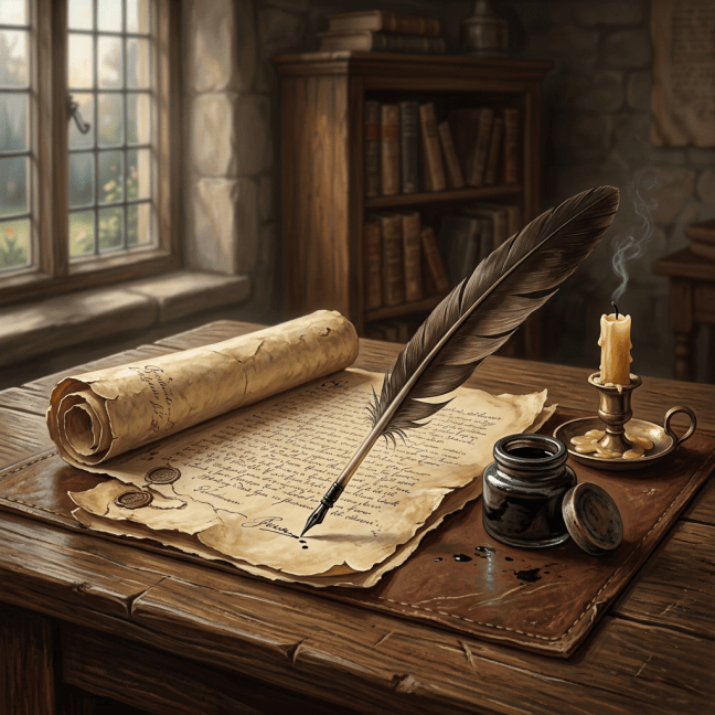 Quill resting on handwritten parchment beside ink and a candle