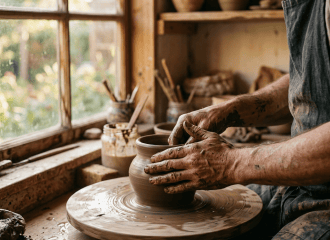 Potter shaping a clay vessel on a wheel in a sunlit studio