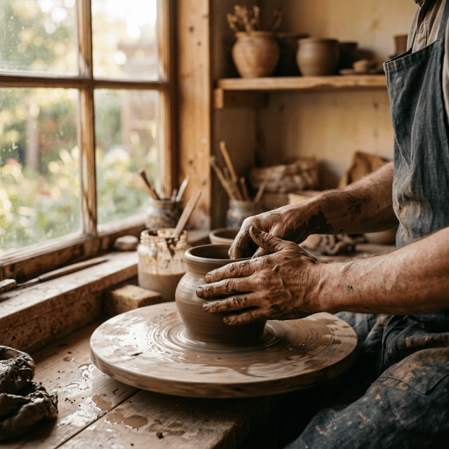Potter shaping a clay vessel on a wheel in a sunlit studio