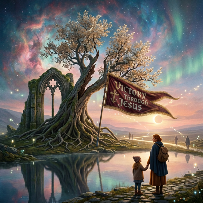 Mother and child beside a lake beneath a giant tree and starry sky