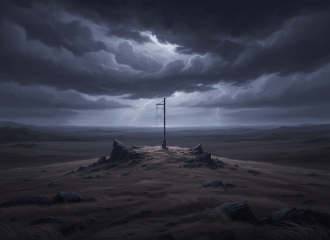 A single bare flagpole standing on top of a bleak, windswept hill. Dramatic artistic style — dark stormy sky with heavy clouds, muted earth tones, desolate landscape stretching to the horizon with no people, no buildings, no flags. Painterly, moody, cinematic. No text or lettering anywhere in the image.